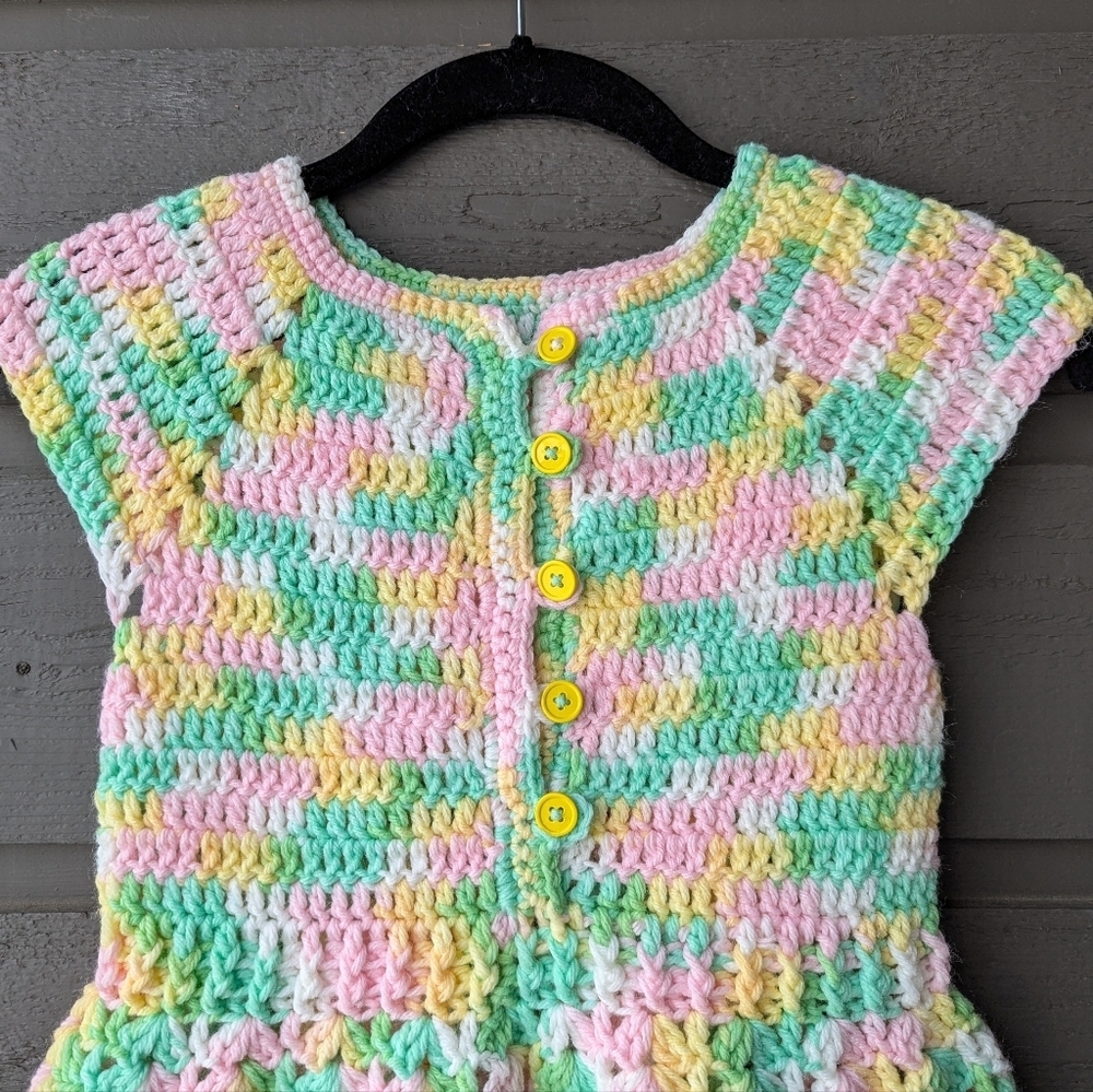 Handmade Colorful Crochet Kids Dress Pink Yellow Green White - Picture 2 of 6